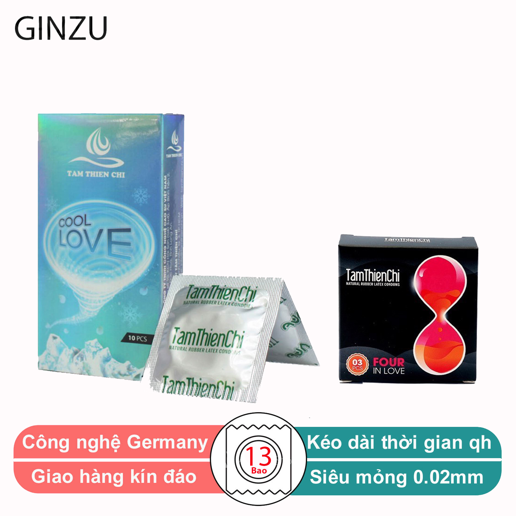 Combo 1 hộp Bao cao su an toàn Tâm thiện chí cooling+1 hộp fourinlove3, tinh chất cooling kéo dài thời gian quan hệ, bcs hạt nổi-cổ thắt-đường gân GINZU