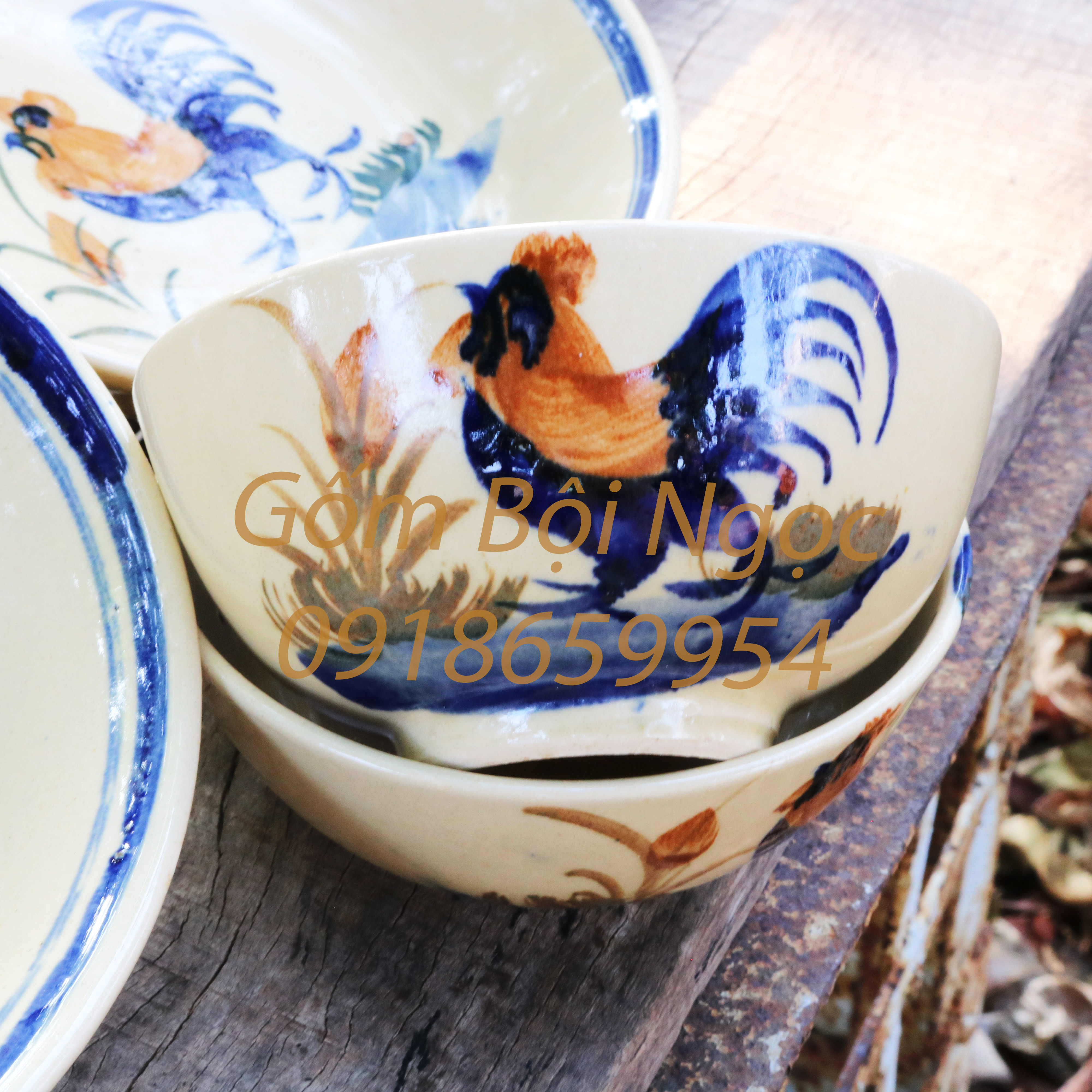 Chén ăn cơm vẽ con gà trống cổ xưa đường kính 12.5cm - gốm xưa cho người hoài niệm - gốm lái thiêu - gốm nam bộ - cg1a