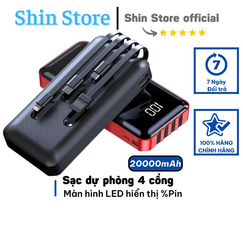 Sạc dự phòng tiêu chuẩn 20.000mAh 4 cổng sạc lightning / type-c / micro / USB màn hình LCD đèn led kép chất lượng cao