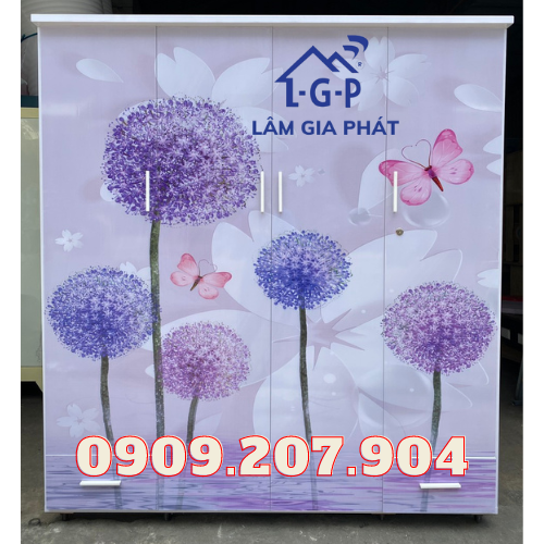 TỦ QUẦN ÁO NHỰA ĐÀI LOAN 4 CÁNH IN 3D HOA BỒ CÔNG ANH TÍM