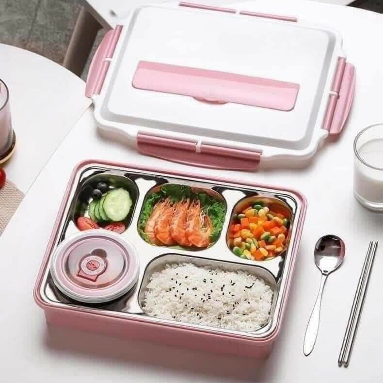 KHAY CƠM VĂN PHÒNG INOX 5 NGĂN CÓ NẮP ĐẬY