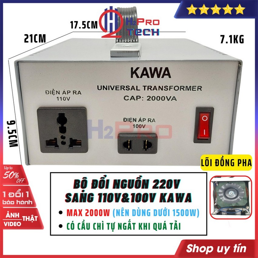 Đổi Nguồn 220V Sang 110V-100V 2000W Kawa Hoặc Đổi Ngược Nguồn 110V Sang 220V Cao Cấp-Dùng Cho Máy Dưới 1500W-H2Pro Tech