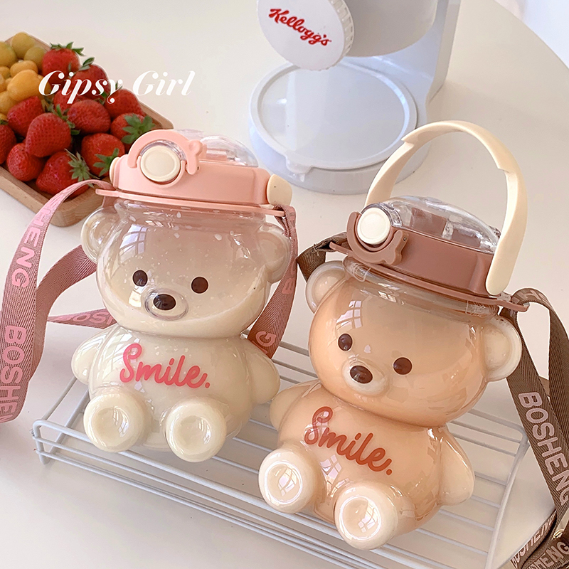 Bình nước học sinh - Bình nước con gấu cho bé đi học - Bình nước cute có ống hút, bình 1 lít cho học sinh cấp 1 - Bình đựng nước cao cấp