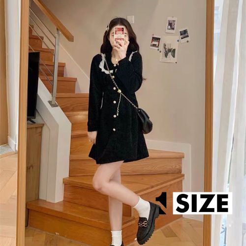 Váy nhung trơn cổ viền ren phối cúc ngọc dáng xòe tay dài 2 màu tiểu thư sang chảnh 1SIZESHOP