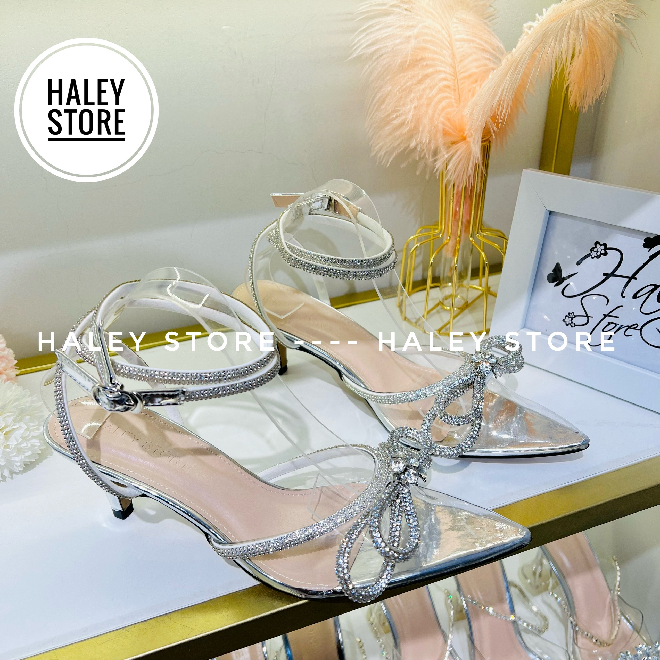 Giày sandal HALEY STORE bít mũi da lụa đính nơ xoàn đá phale quai trong suốt lấp lánh đi tiệc cô dâu ngày cưới rẻ bền đẹp