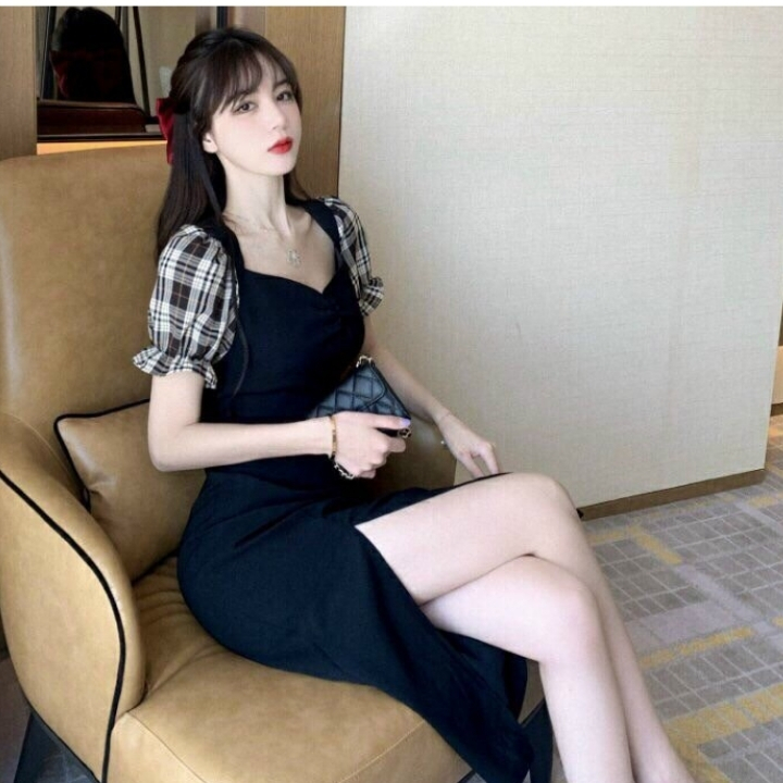 [freeship]đầm nữ đi chơi phối tay caro xẻ tà chất liệu kate họa tiết trơn màu đen thích hợp cho bạn nữ ừ 53kg trở xuống - GIRLY STORE