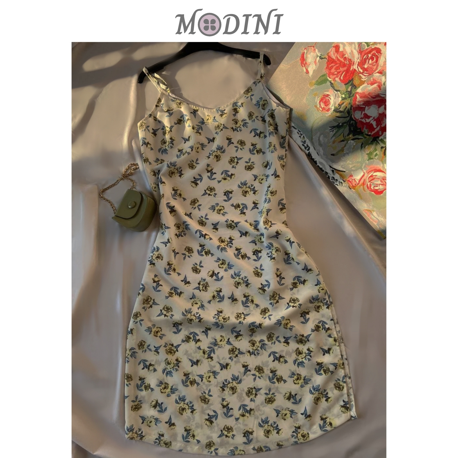 Đầm suông nữ 2 dây hoa nhí thanh lịch modini tặng dây thắt lưng