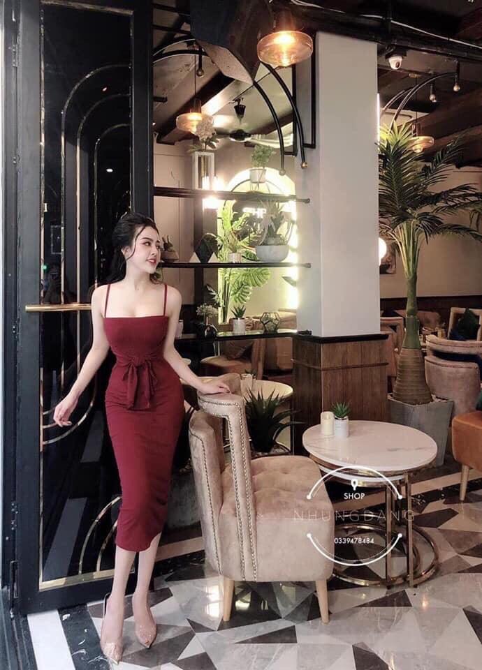 Đầm body 2 dây váy body 2 dây phối nơ siêu phẩm 110cm