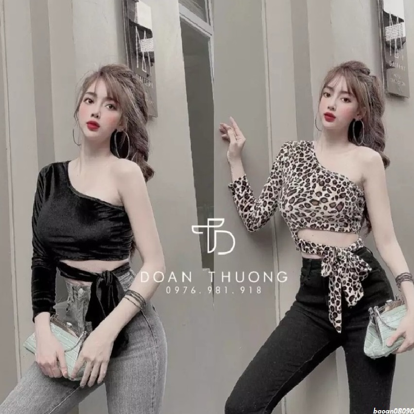 Áo croptop tay dài trễ vai kiểu Hàn Quốc phối da beo body cột eo sexy