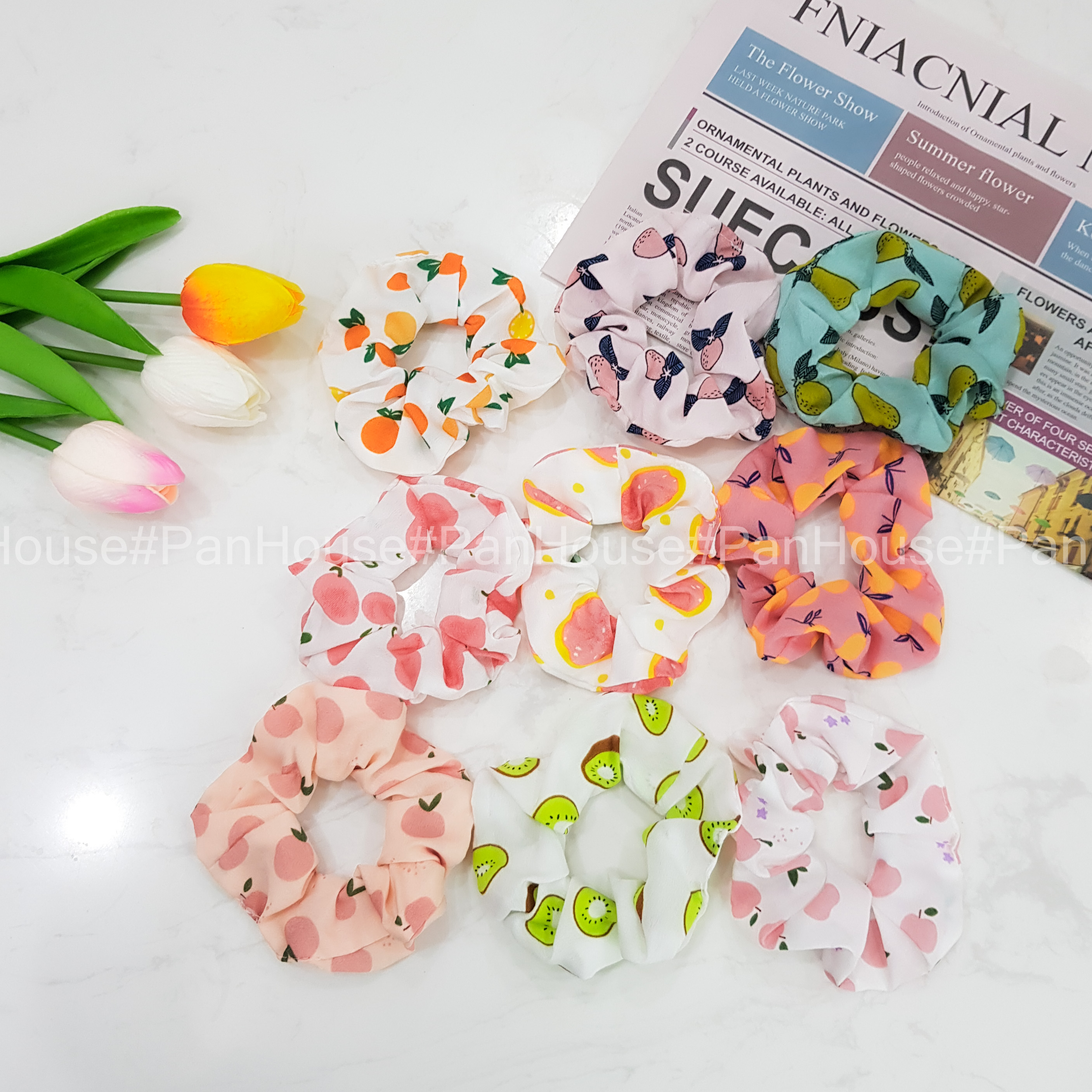 Set Dây buộc tóc 9 chiếc Scrunchies hoa quả phong cách Hàn Quốc dễ thương