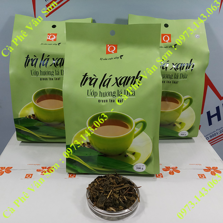 03 bịch Trà lá xanh ướp hương lá Dứa Trần Quang 500g (trà sâm Dứa) - Green Tea Leaf