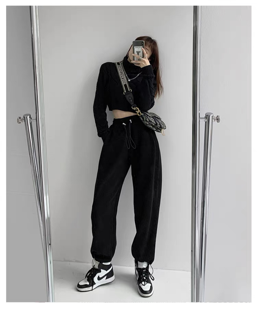 Quần jogger sweatpants nữ màu đen dây rút ống rộng nỉ tăm tổ ong phong cách hàn quốc im basic qjg03+1