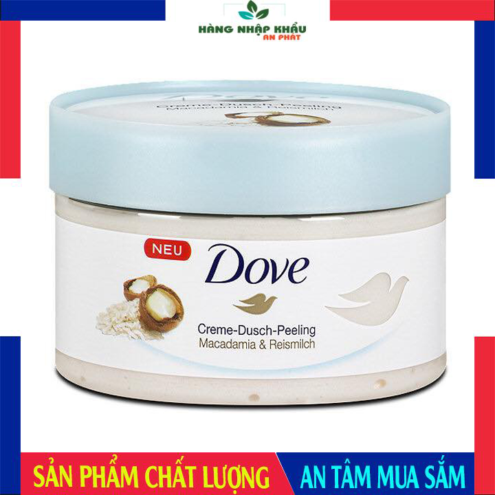 Tẩy tế bào chết body Dove Creme-Dusch-Peeling Maccadamia & Reismilch, dove tẩy tế bào chết body hương mắc ca và sữa gạo, tẩy da chết toàn thân macca đức, dưỡng ẩm, làm trắng da, 225 ml