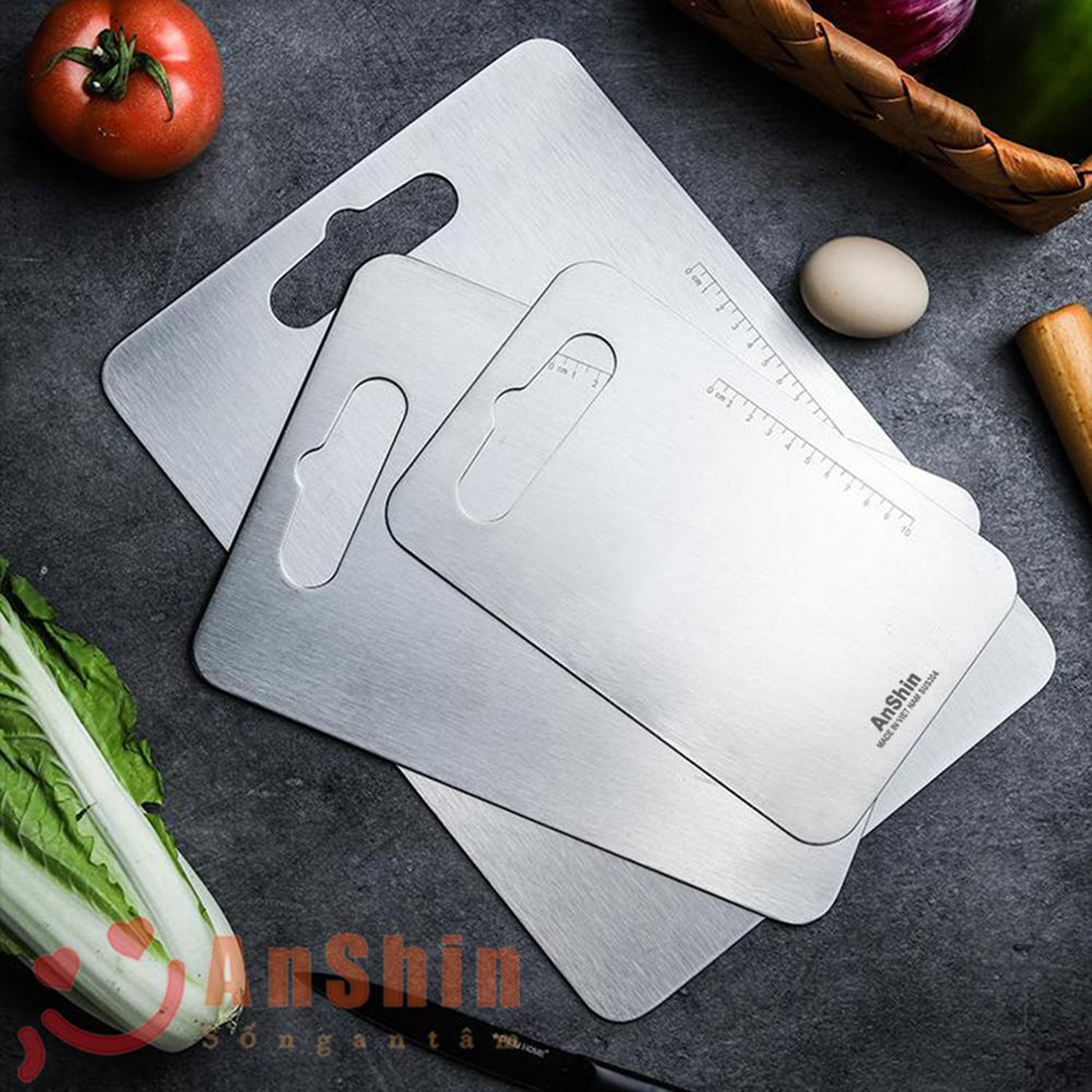 Thớt inox 304 Anshin size cực lớn 46x30cm - kháng khuẩn, cường lực, chống nấm mốc