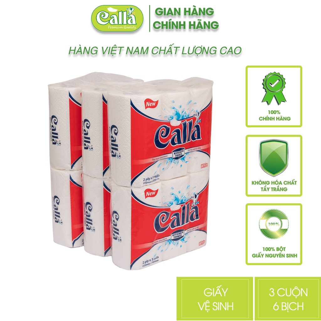 Combo 6 bịch khăn giấy lau bếp Calla 2 lớp x 200 tờ x 3 cuộn siêu dày dai, không mủn, thấm dầu mỡ, n