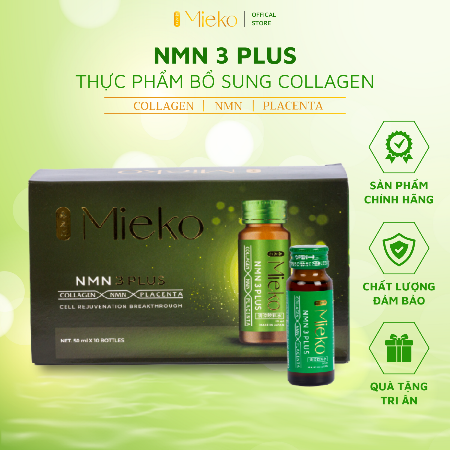 Nước Uống Collagen NMN 3Plus Drink Hộp 10 Chai 50ml Bổ Sung NMN, Collagen, Placenta Chính Hãng 100% 