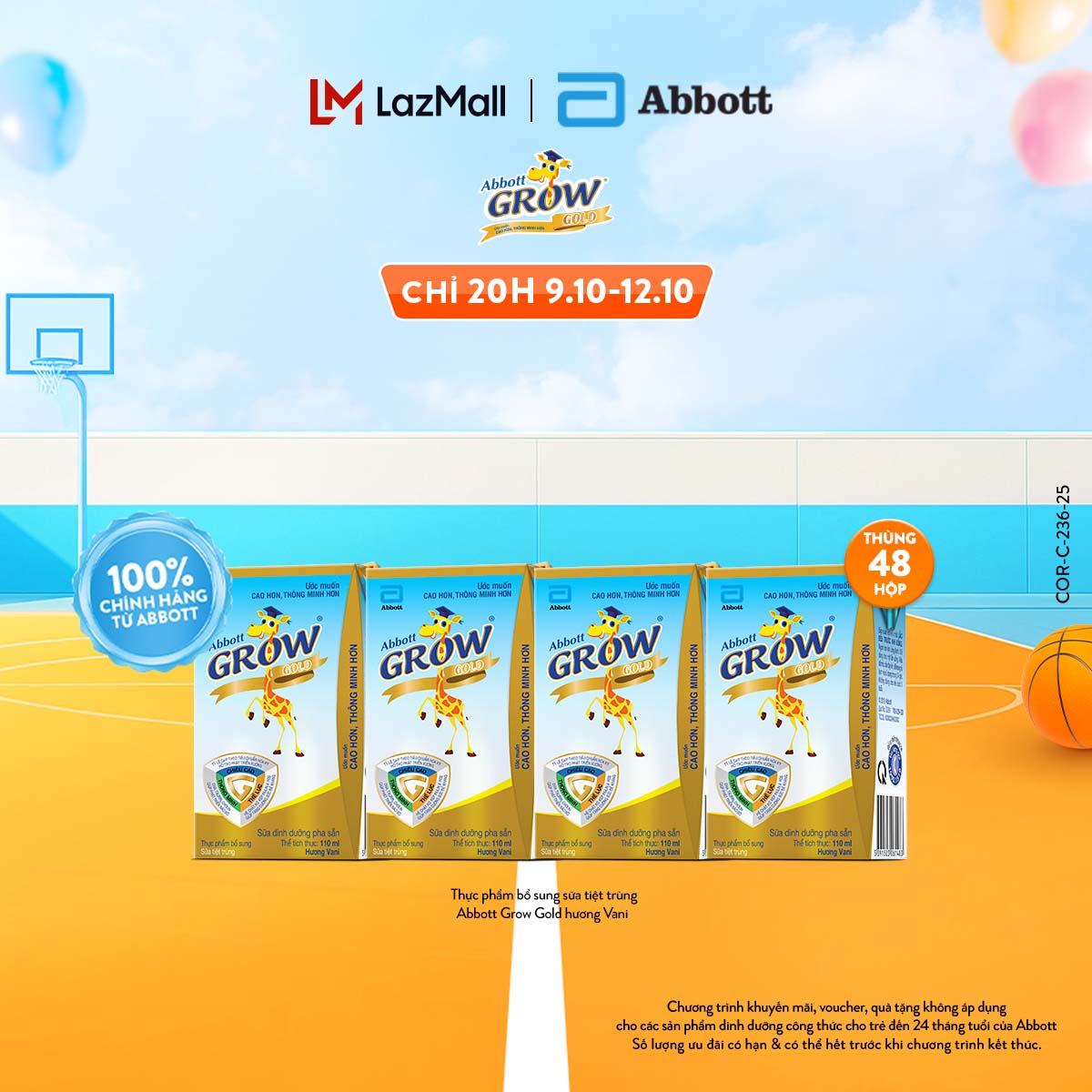 (CHỈ TỪ 20H 9-12.10 GIÁ TỐT MUA NGAY-SLCH) Thùng 48 hộp thực phẩm bổ sung sữa tiệt trùng pha sẵn Abbott Grow Gold hương Vani 110ml cho trẻ từ 1 tuổi