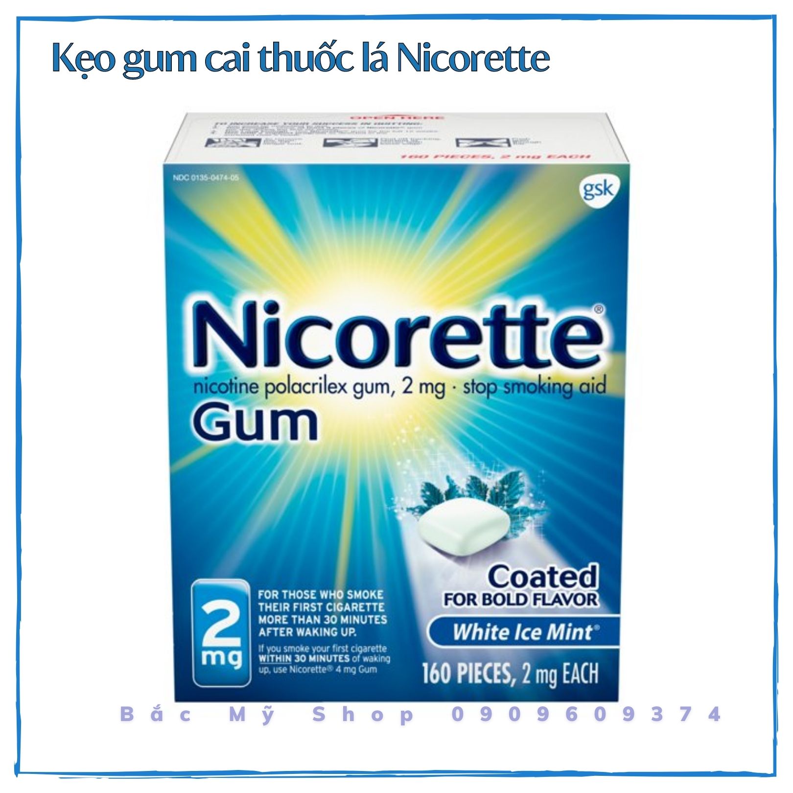 Kẹo Gum Hỗ Trợ Bỏ T h u ố c Lá Nicorette 2mg Nicotine White Ice Mint hộp