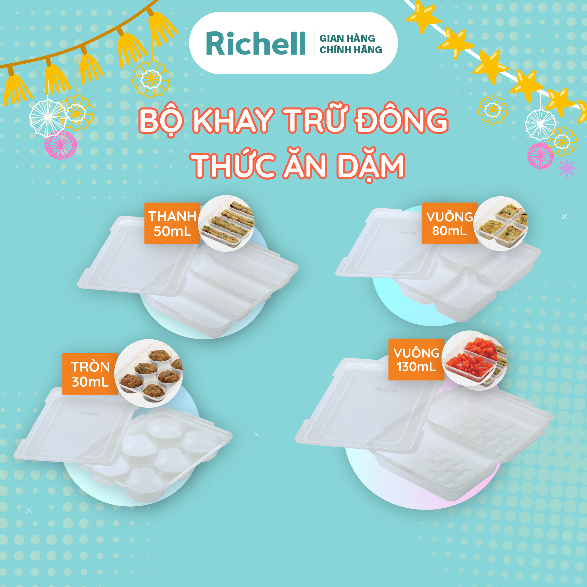Bộ khay trữ đông thức ăn dặm richell 30-50-80-130ml có nắp đậy | baby
