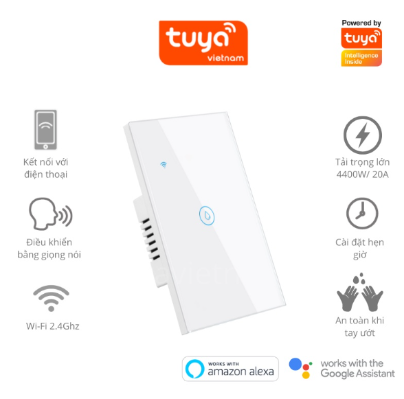 Công tắc thông minh tuya Wifi bình nóng lạnh, máy lạnh 20A  công suất cao 4400w, bật tắt hẹn giờ từ xa