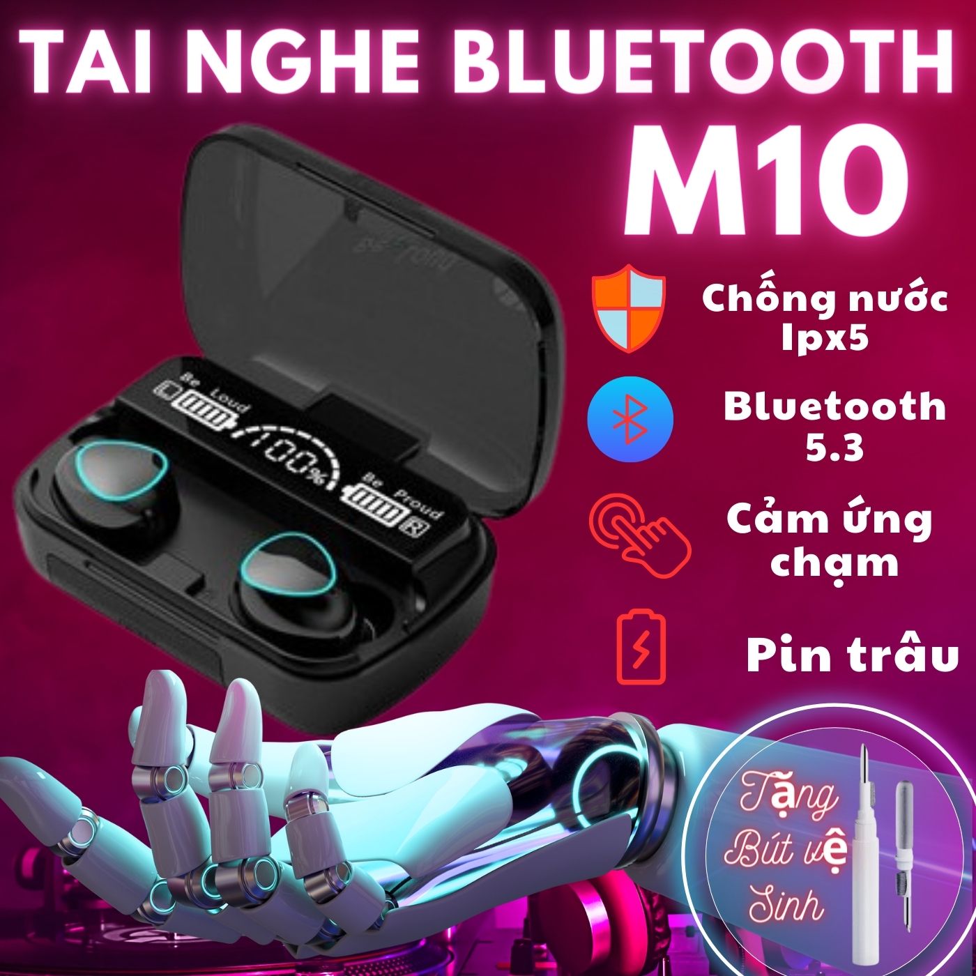 Tai nghe Bluetooth 5.1 M10 Pro Pin 3500 mAh, Bản Quốc Tế Có Mic Đàm Thoại, Kháng Nước Bụi