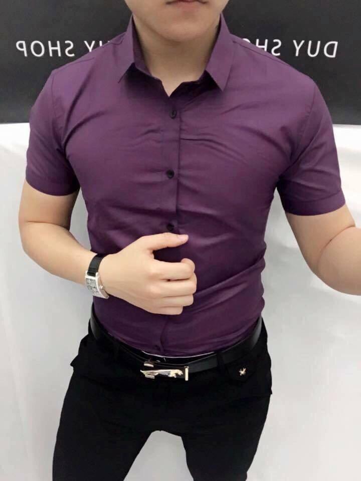 Áo Sơ Mi Nam Cộc Tay Tím Đậm Dáng Body Hàn Quốc Không Nhăn, Áo Sơ Mi Nam Ngắn Tay Tím Đậm
