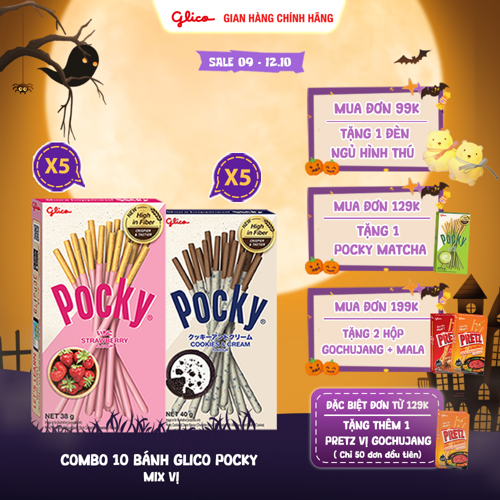 Combo 10 hộp Happy Set E Bánh Snack Que Phủ Kem Glico Pocky (5 Dâu - 5 Cookies & Cream)