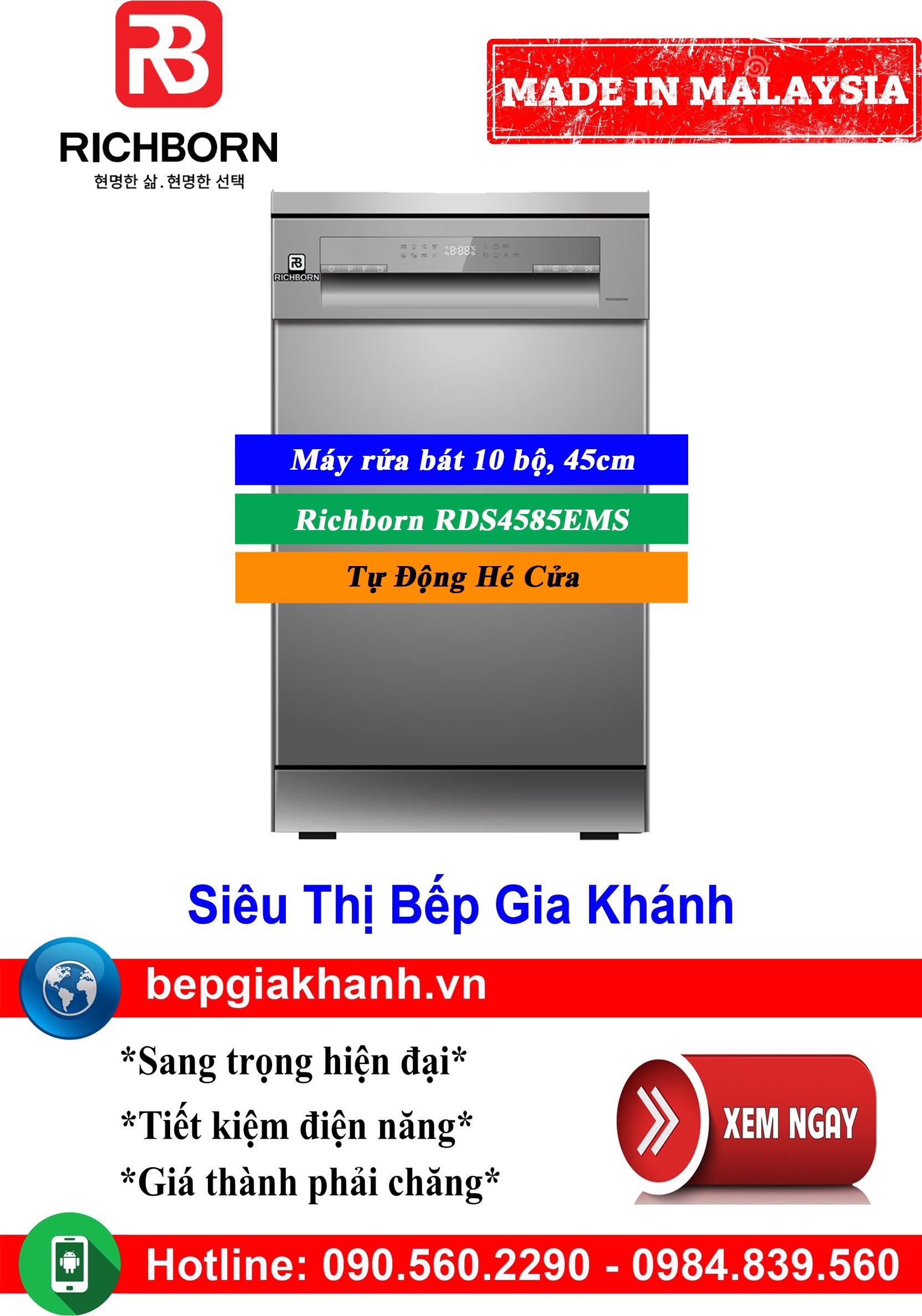 [HCM]Máy rửa bát 10 bộ Richborn RDS4585EMS nhập khẩu Malaysia | TỰ ĐỘNG HÉ CỬA, máy rửa chén, máy rửa chén bát, máy rửa bát, máy rửa bát giá rẻ, may rua bat, may rua chen, may rua bat gia re