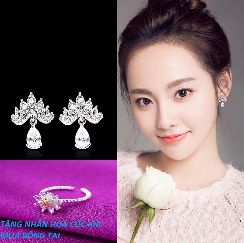 Bông tai nữ vương miện bạc 925 cao cấp tặng ngay nhẫn xinh