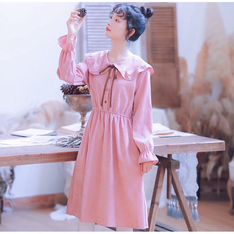 Đầm hồng, cổ bèo, tay dài ms134