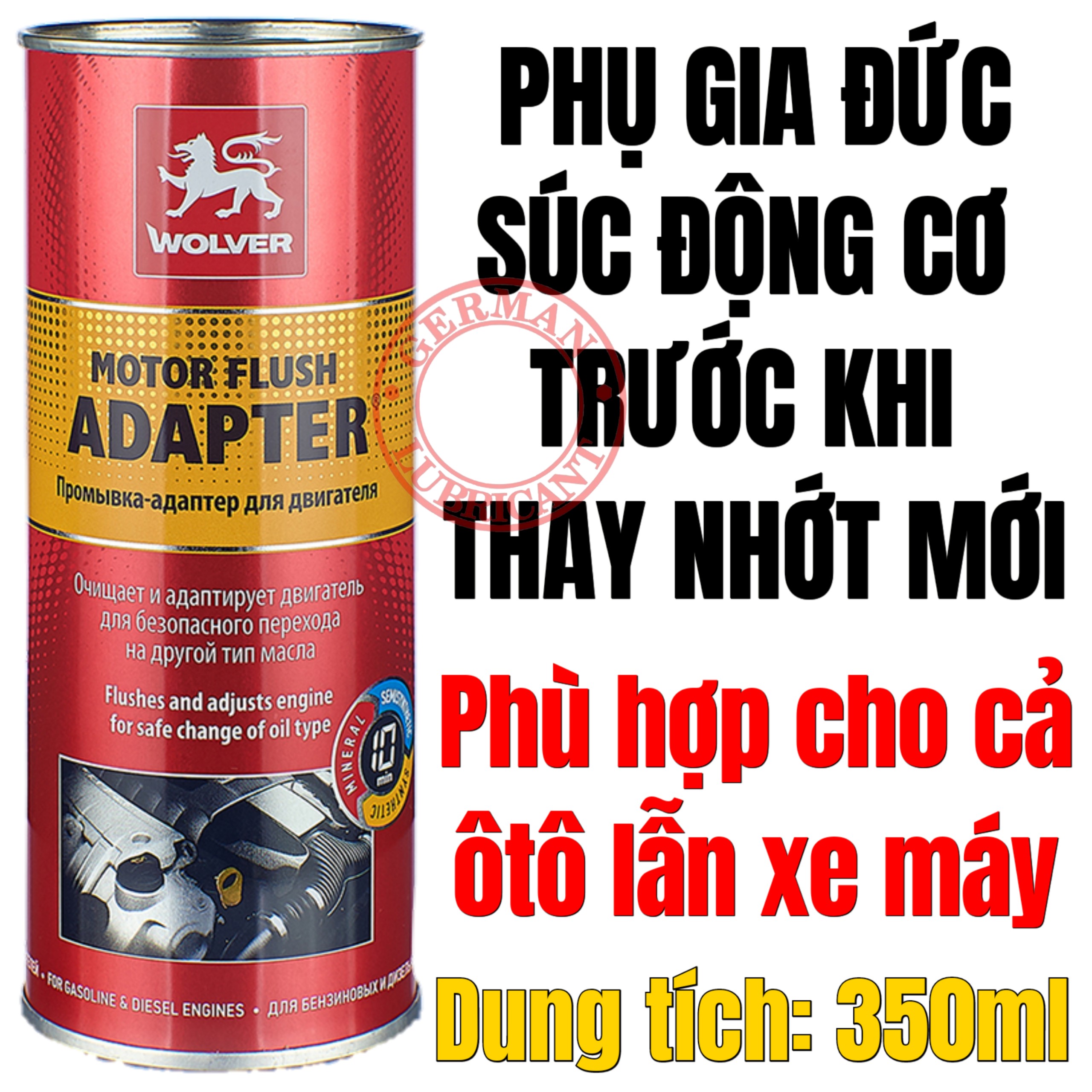 Súc động cơ xe hơi WOLVER MOTOR FLUSH ADAPTER 350mL  trước khi thay nhớt mới German Lubricant - Wolver Adapter