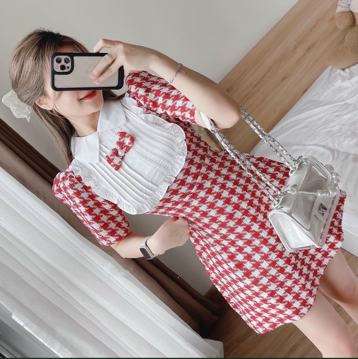 Đầm váy nữ dự tiệc bánh bèo tay phồng cổ bẻ phối nơ dáng xòe tiểu thư xinh đẹp