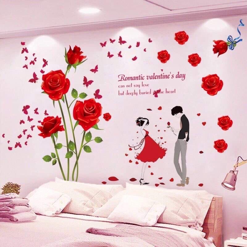 Decal dán tường cặp đôi tình nhân và hoa Hồng đỏ