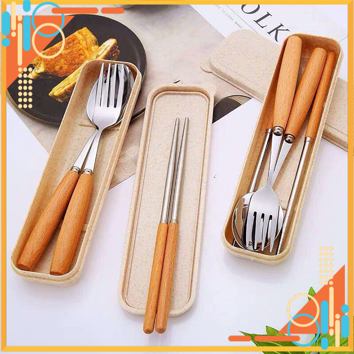 Bộ thìa đũa INox cán gỗ du lịch siêu nhẹ - bộ thìa đũa du lịch cơm trưa văn phòng