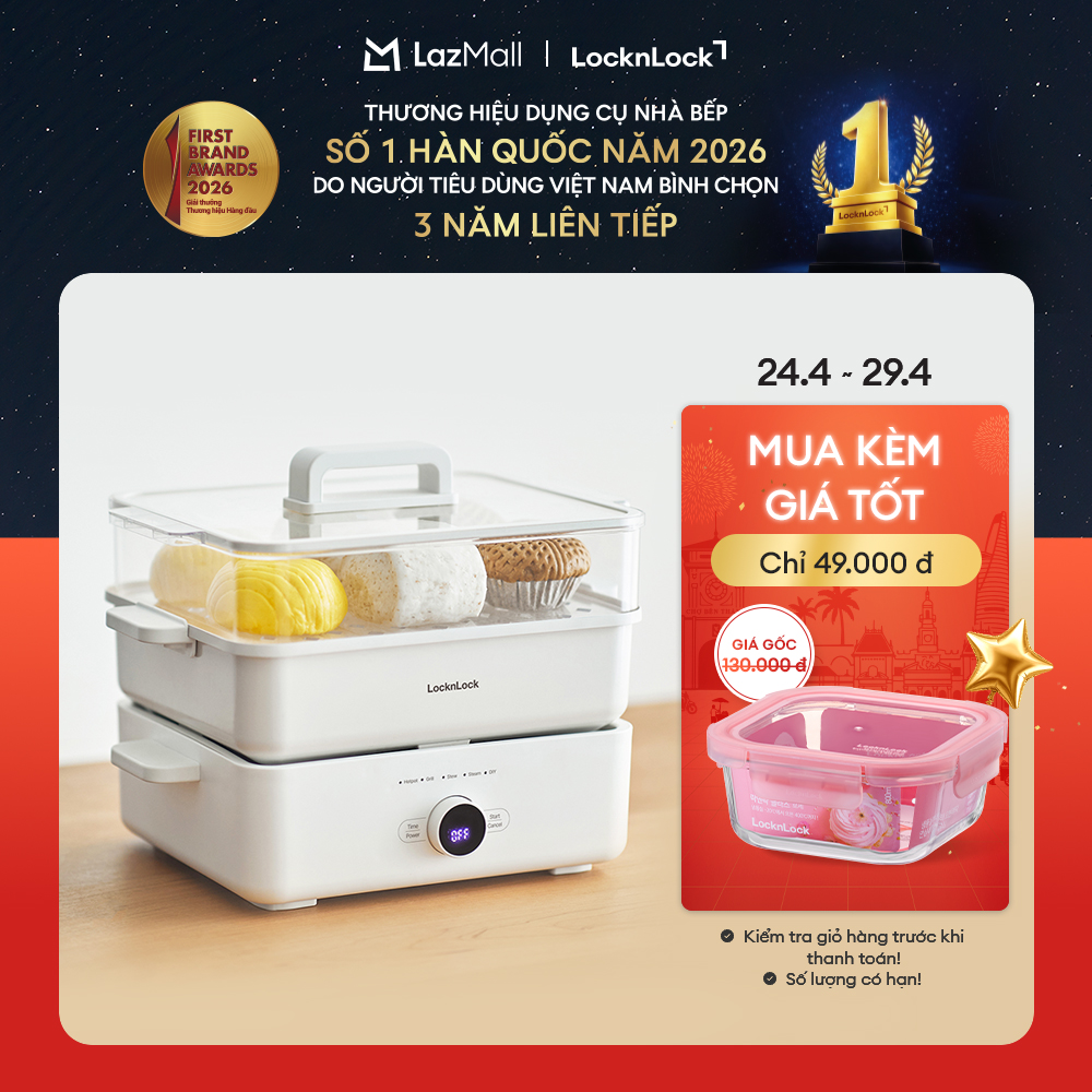 Nồi lẩu đa năng LockLock Bianco Electric Multicooker 4.5L EJP154IVY màu ngà, 4in1 lẩu nướng luộc hấp, chống dính