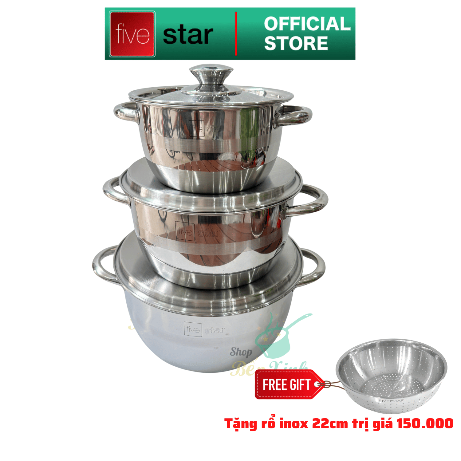 Bộ nồi 1 đáy inox 430 Fivestar Standard FSB3IN001 nắp inox size 16cm , 20cm , 24cm - dùng được mọi bếp