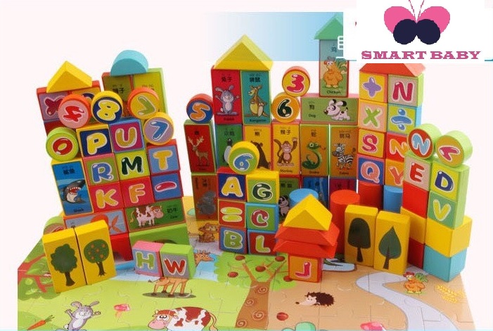 Bộ 100 khối gỗ cao cấp - xếp hình xây dựng lâu đài - xếp hình sáng tạo - Đồ chơi bằng gỗ Smart Baby - dochoigo014