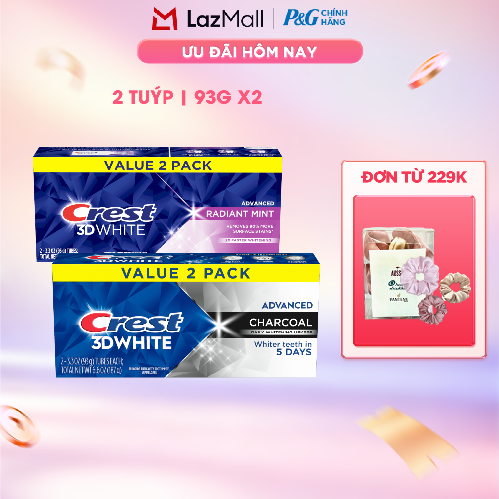 Hộp 2 Kem Đánh Răng CREST Nhập Khẩu Mỹ 3D White Radiant Mint/ Advanced Charcoal Tuýp 2x93g