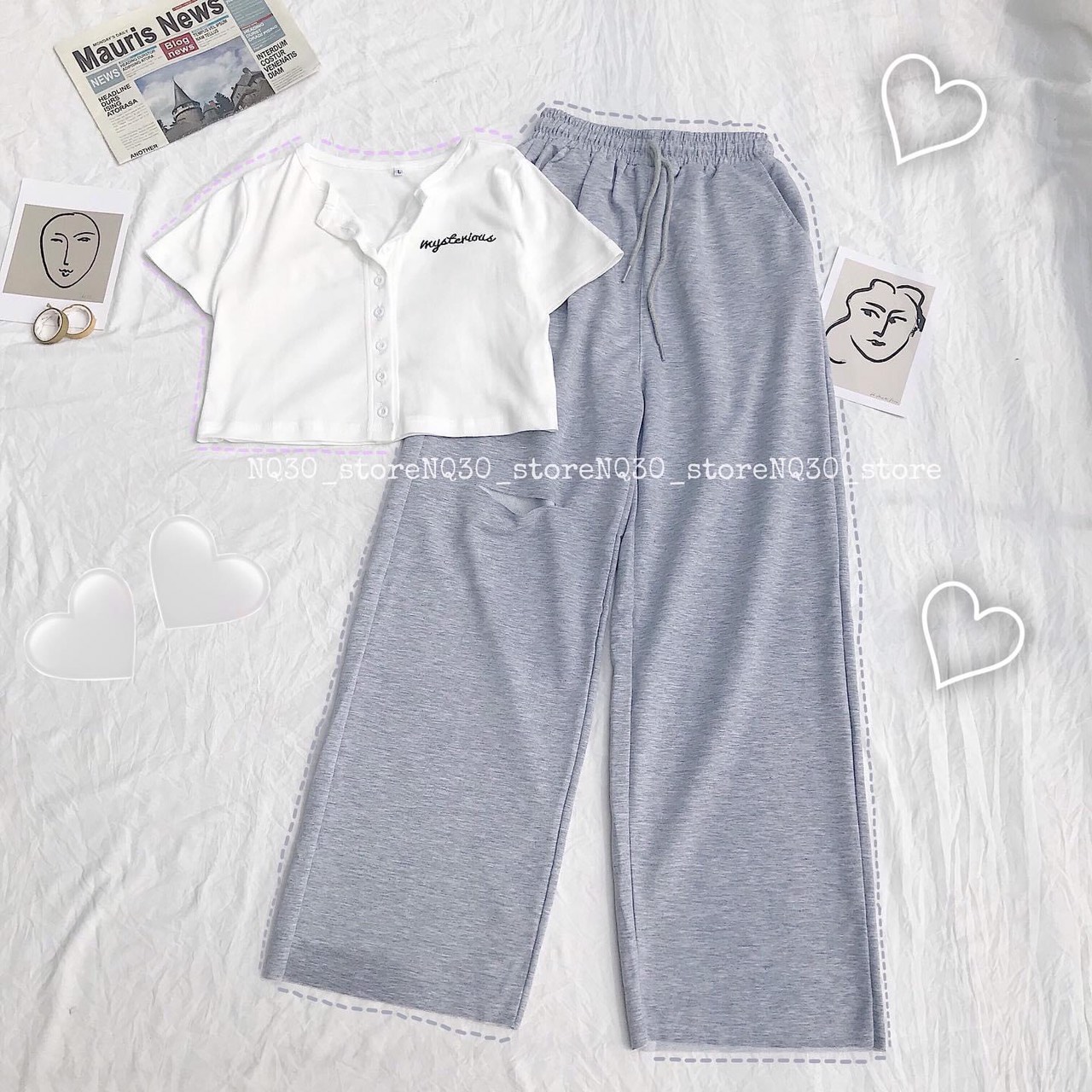 Set quần suông xám rách + crop gài nút thêu