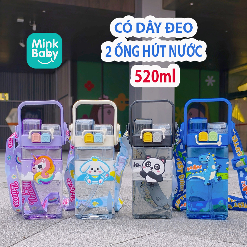 BÌNH NƯỚC NHỰA MINKBABY 520ml CÓ QUAI XÁCH, DÂY ĐEO CHO BÉ