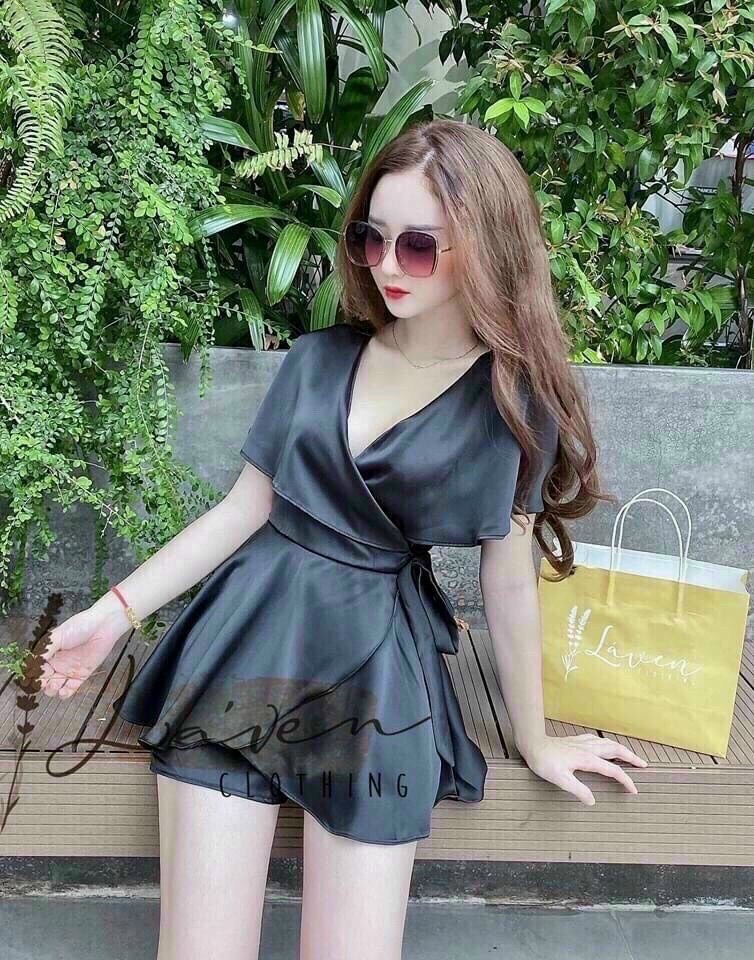 Bộ jumpsuit ngắn cổ vest phối cột nơ eo chân váy ngắn trẻ trung cá tính
