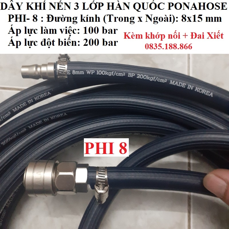 Combo 10 - 15 -20 mét dây khí nén 3 lớp hàn quốc ponahose phi 8 kèm khớp nối nhanh