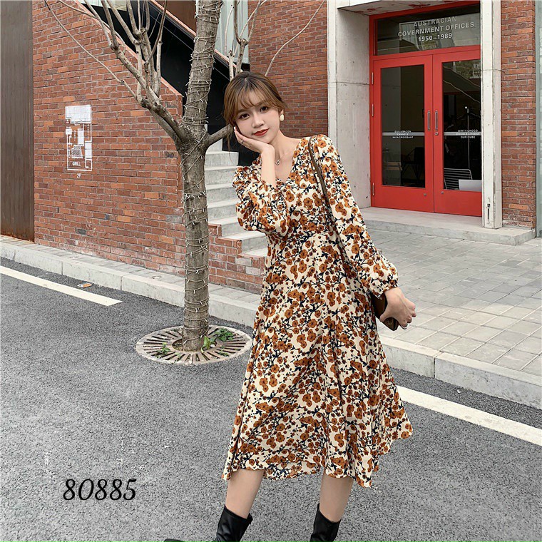 [HCM](Đủ size 43- 71 kg) Váy nữ -Đầm hoa nâu tay dài dáng xoè dạo phố hot trend bigsize