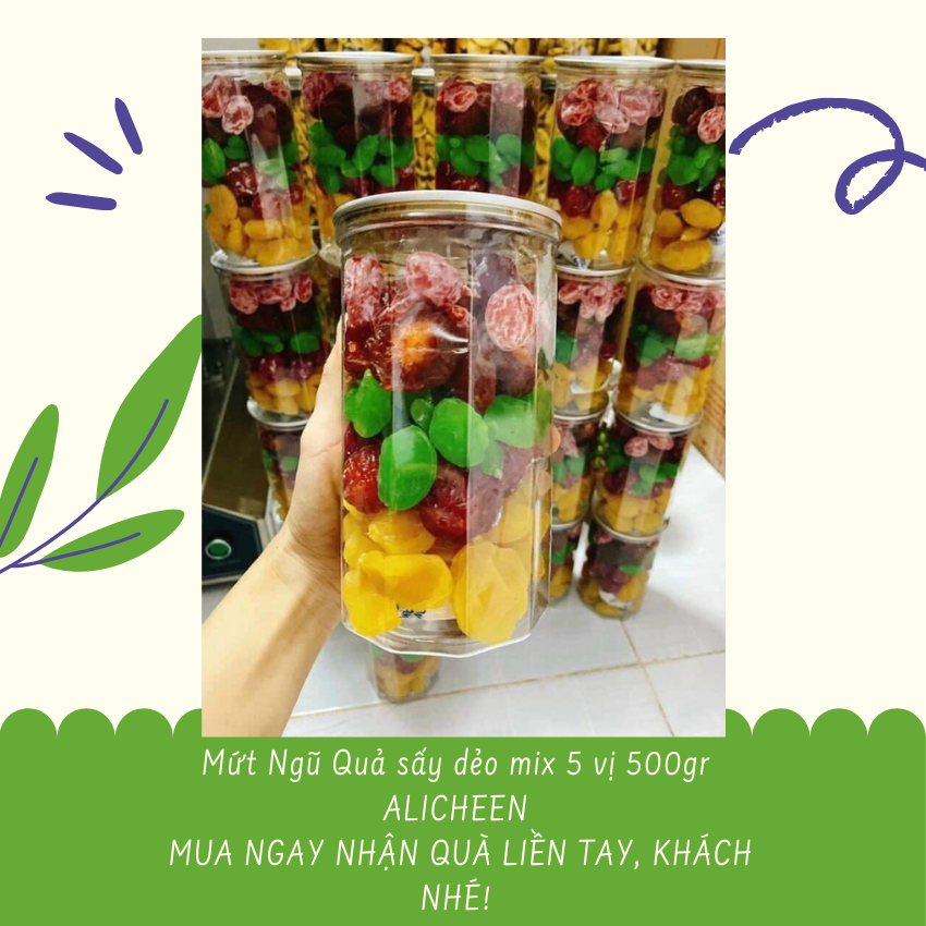 [FREESHIP+QUÀ10K] Mứt Ngũ Quả Mix 5 Vị Sấy Dẻo Hủ 500gr ALICHEEN Chua Ngọt Đẹp Da Tốt Sức Khỏe, Ăn Vặt, Quà Biếu, Mứt Tết đều Phù Hợp, Tặng Quà 10k Siêu Hời