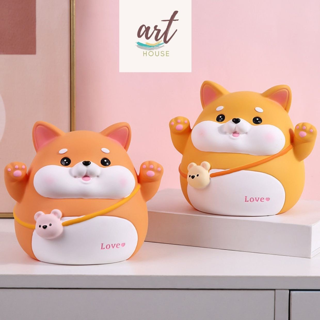 Ống tiết kiệm heo đất hoạt hình chó corgi đeo túi gấu