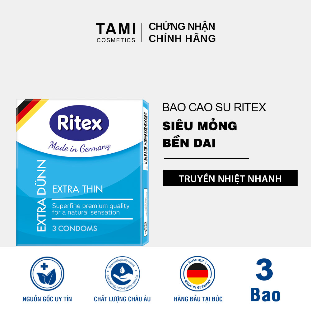 Hộp 3 chiếc bao cao su Ritex EXTRA DÜNN – SIÊU MỎNG hàng đầu tại Đức mềm mại bền dai CÓ CHE TÊN TM-RI-EXTRADUNN3