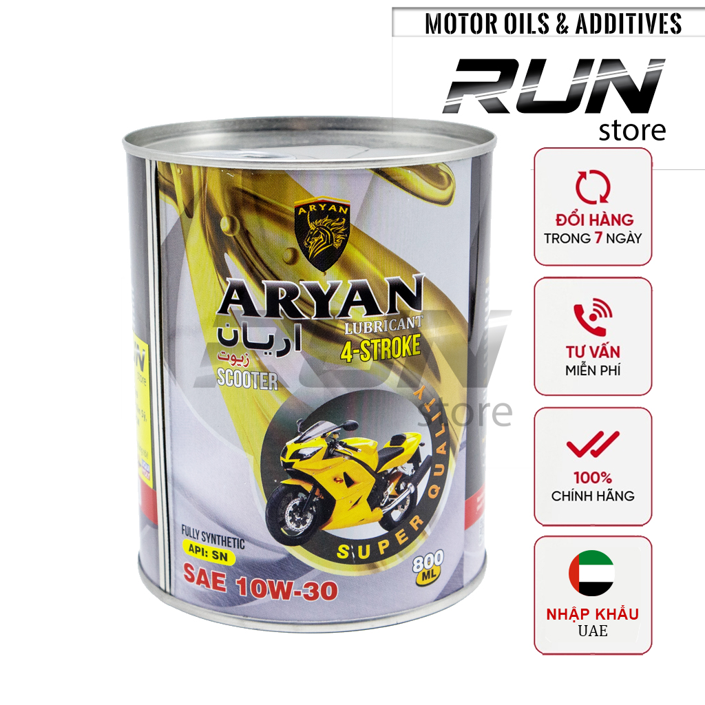 Nhớt xe tay ga tổng hợp aryan 10w30 800ml jaso mb api sn - nhớt nhập khẩu uae chất lượng - giá rẻ - aryan fully synthetic sae 10w30 jaso mb api sn 800ml