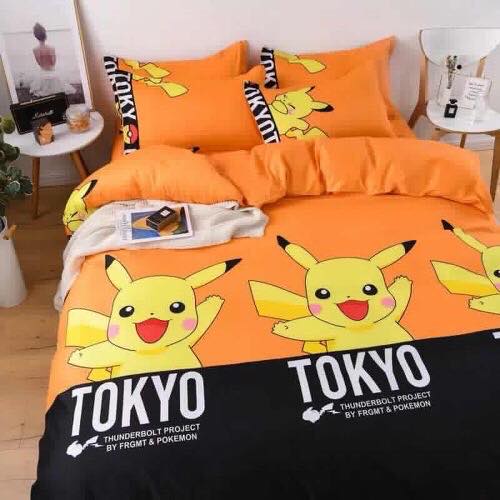 Bộ Chăn Ga Gối Cotton Poly - Pikachu Cam ( 1 Drap + 2 Vỏ Gối Nằm + 1 Vỏ Chăn ) Không Phai , Không Xù , Kích Thước Đa Dạng