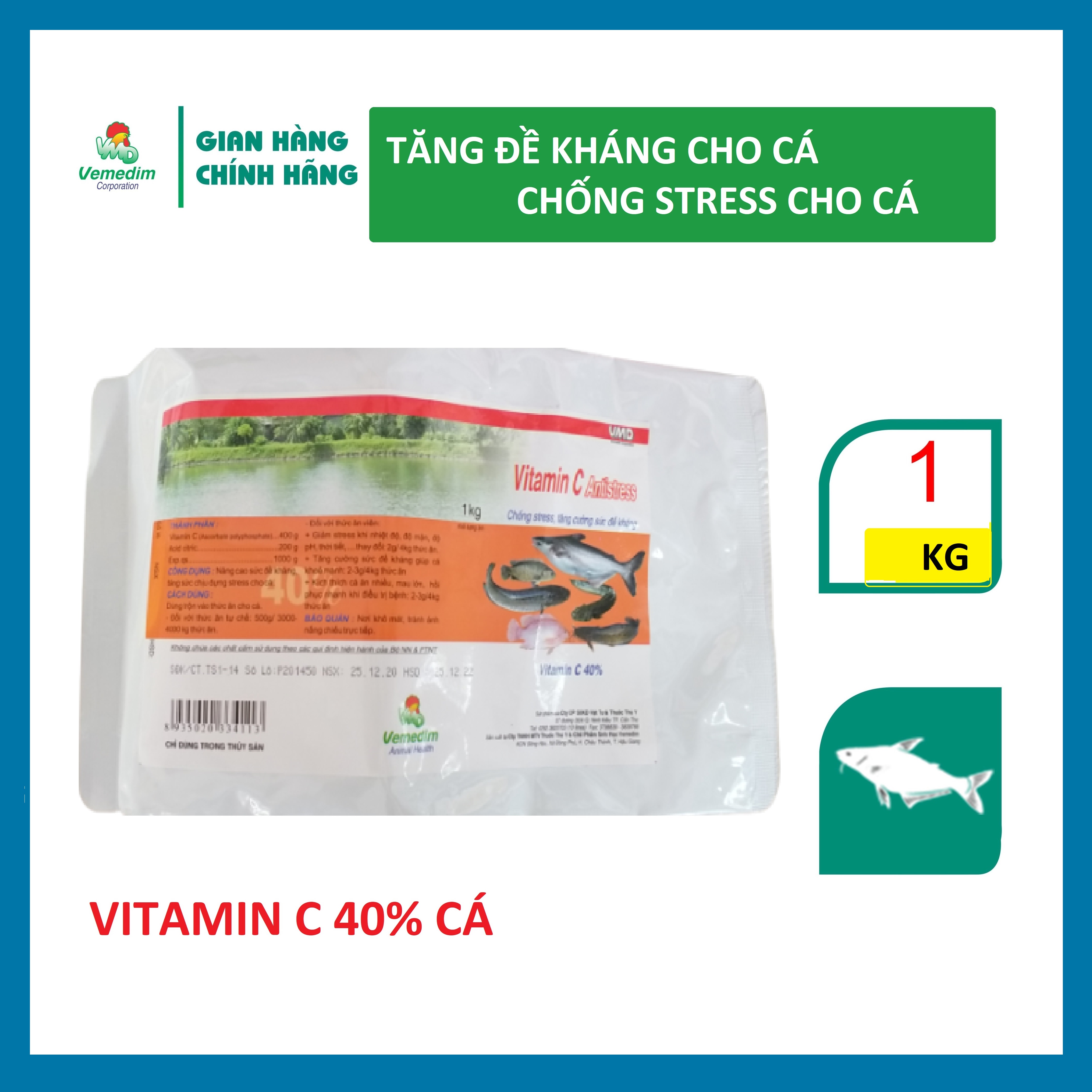 "Hoàn tiền đến 10%" Vemedim Vitamin C 40% cá, chống stress và tăng cường đề kháng cho cá, gói 1kg