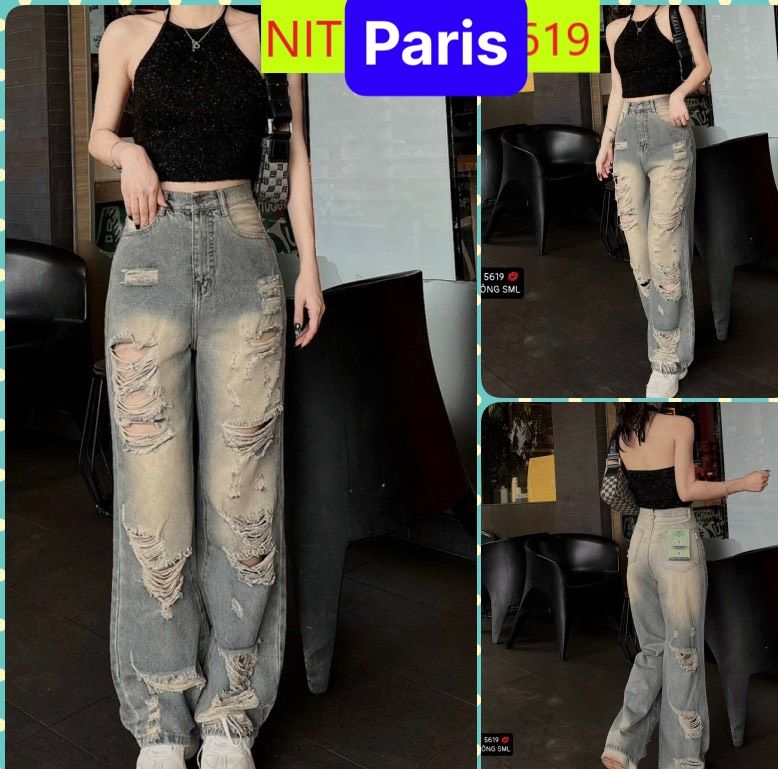  QUẦN JEAN NỮ BAGGY ỐNG SUÔNG RỘNG RÁCH TẢ TƠI XƠ MƯỚP LƯNG CAO NÂNG MÔNG PHONG CÁCH CAO CẤP -DB 5619- PARIS FASHION 
